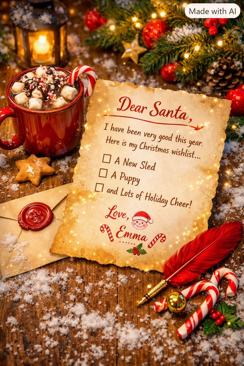A handwritten Letter to Santa beside a mug of hot chocolate and candy canes