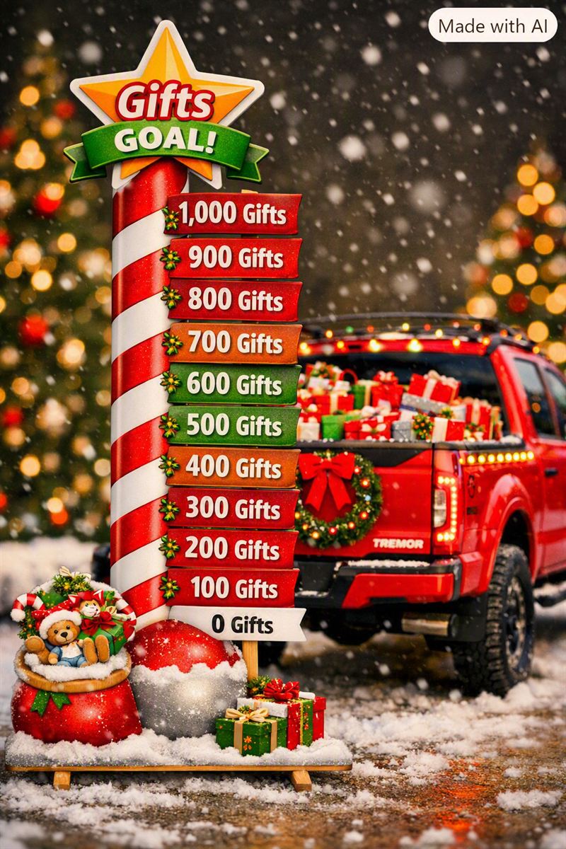 A festively decorated red truck filling up with wrapped gifts, next to a gift-goal tracker