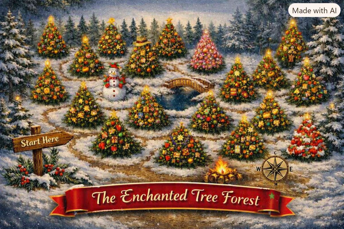 Illustrated map of the Enchanted Tree Forest, showing sponsor-decorated trees along a snowy path