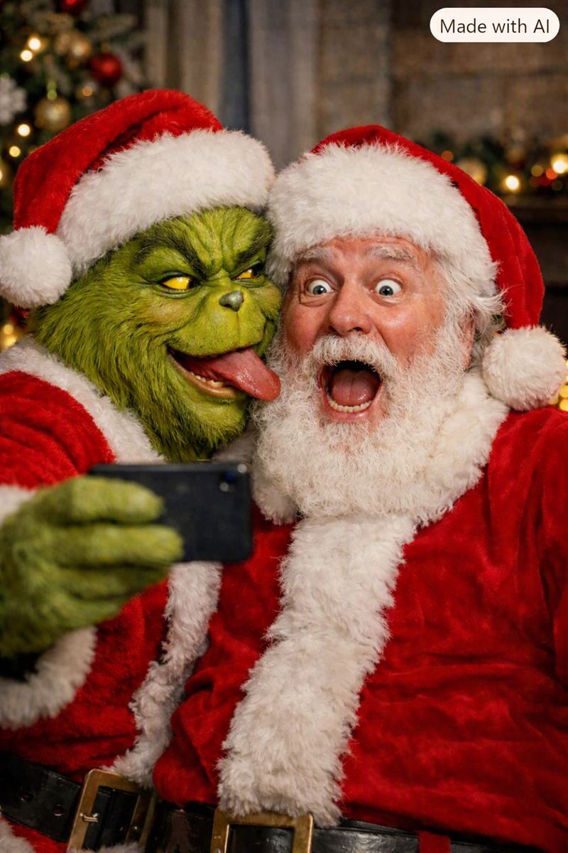 Santa Claus and the Grinch taking a playful selfie together in front of a Christmas tree