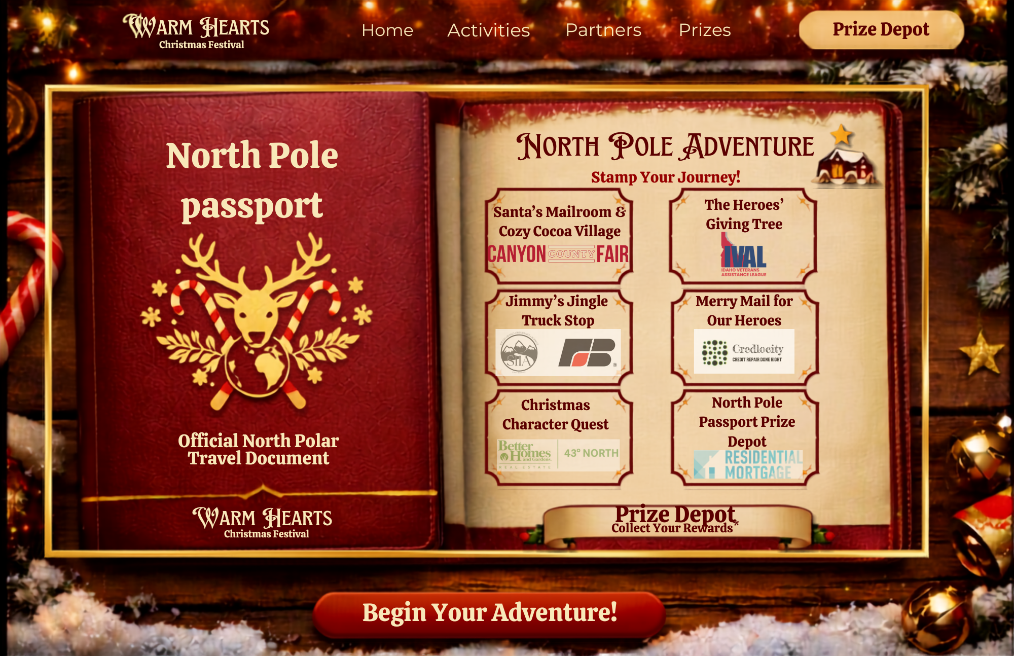 The Warm Hearts North Pole Passport, open to a page of activity stamps